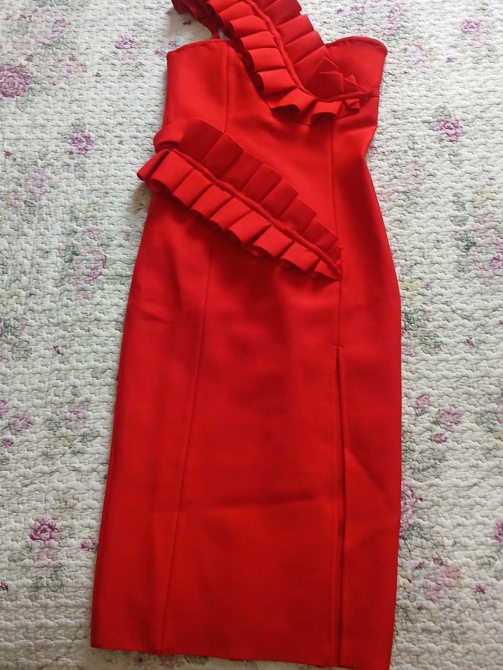 Red Ruffle One-Shoulder Sheath Dress - Picture 1 of 5